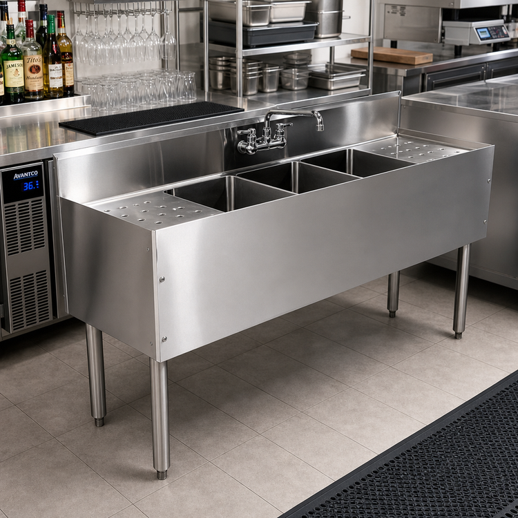 Product image #2 for CHOICE by Glastender Three-Compartment Stainless Steel Underbar Sink Unit with Dual Drainboards, 60-Inch W x 19-Inch D