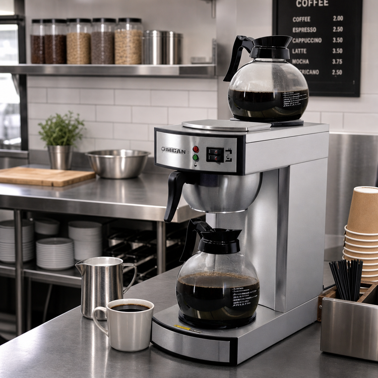 Product image #2 for Omcan Stainless Steel Manual Pourover Commercial Drip Coffee Maker with 2 Glass Decanters and 2 Warmers