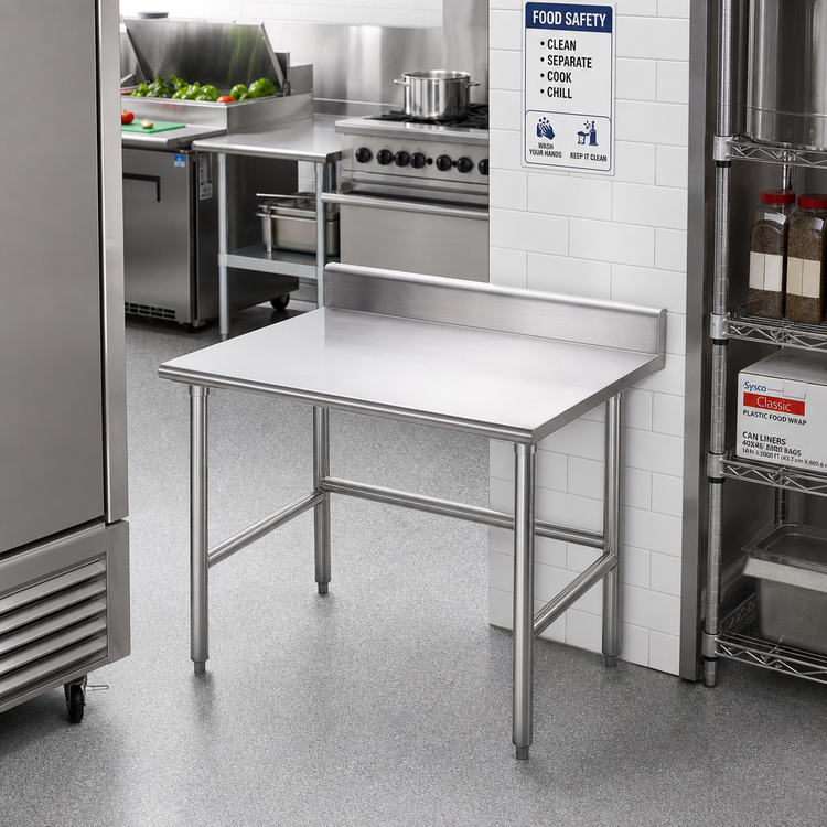 Product image #2 for Advance Tabco 30-Inch x 30-Inch Corner Stainless Steel Work Table with 5-Inch Backsplash