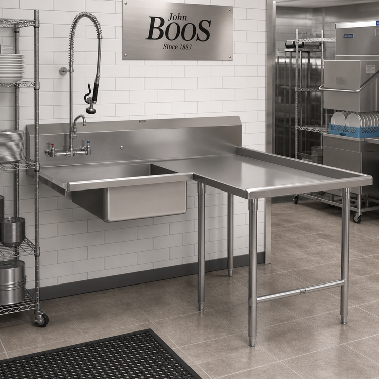 Product image #2 for John Boos Pro-Bowl Island L-Shaped Soiled Dishtable with Pre-Rinse Sink Bowl, 60" x 72", Right-to-Left