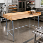 Thumbnail image #2 for BK Resources MBTSOB-8436 Hard Maple Bakers' Table, Stainless Steel Open Base, 84 x 36 x 38-3/4 in, 1-3/4-in Top, 4-in Risers