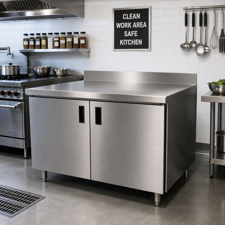 Product image #2 for Advance Tabco Enclosed Work Table with Cabinet Base and Hinged Doors, 120"W x 30"D, 14 Gauge 304 Stainless Steel Top, 5" Backsplash