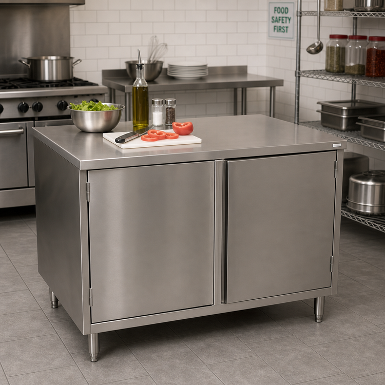 Product image #2 for BK Resources 48 x 30 Inch Single-Sided Stainless Steel Chef Table with Cabinet Base and Hinged Doors