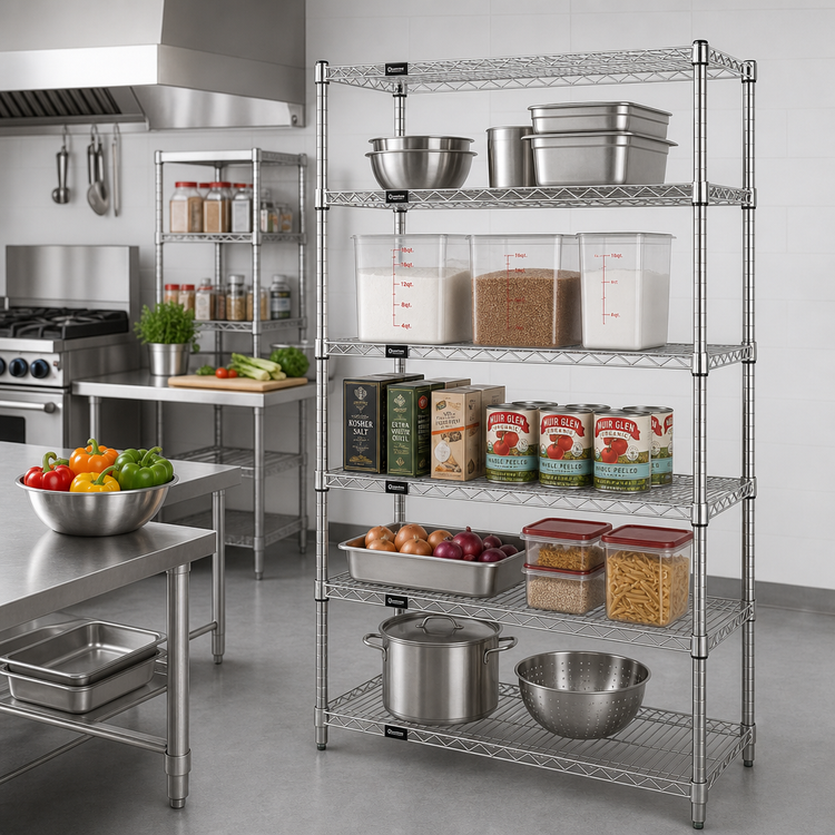 Product image #2 for Quantum Stationary Wire Shelving Starter Kit, 54"W x 21"D x 63"H, 5 Shelves, 304 Stainless Steel