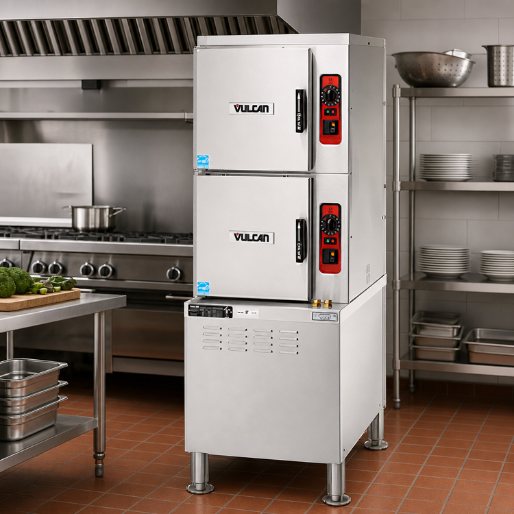 Product image #2 for Vulcan ET Series Low Water Energy Electric Floor Steamer, 2 Compartments, 24-Inch Cabinet Base, 10-Pan Capacity
