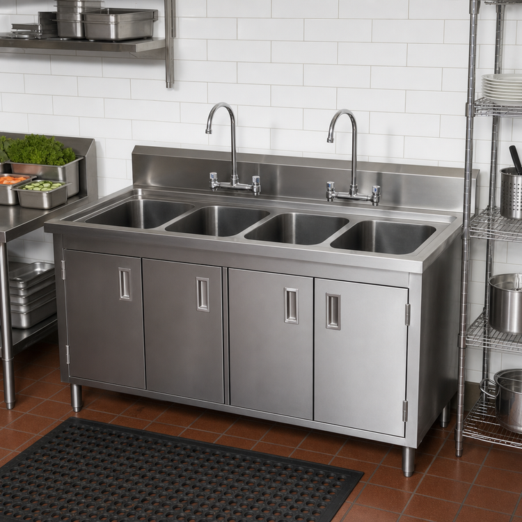 Product image #2 for BK Resources 4-Compartment Stainless Steel Sink Cabinet with Hinged Doors and 2 Gooseneck Faucets, 48 x 24 Inches