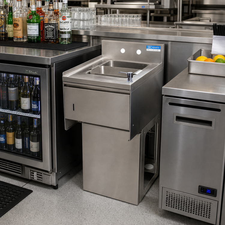 Product image #3 for BK Resources Slimline 1-Compartment Stainless Steel Underbar Dump Sink with Soap Dispenser and Towel Dispenser, 15-1/2 Inch Wide