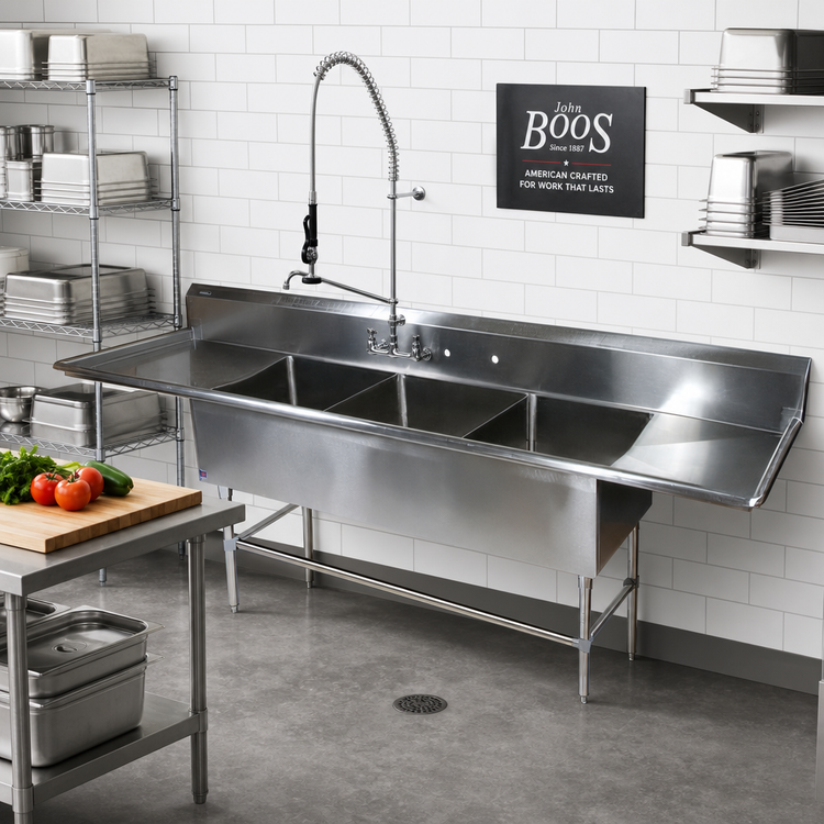 Product image #2 for John Boos Pro-Bowl 3-Compartment Sink with Left and Right Drainboards, 14-Gauge Type 300 Stainless Steel, 87-1/4 Inch Wide