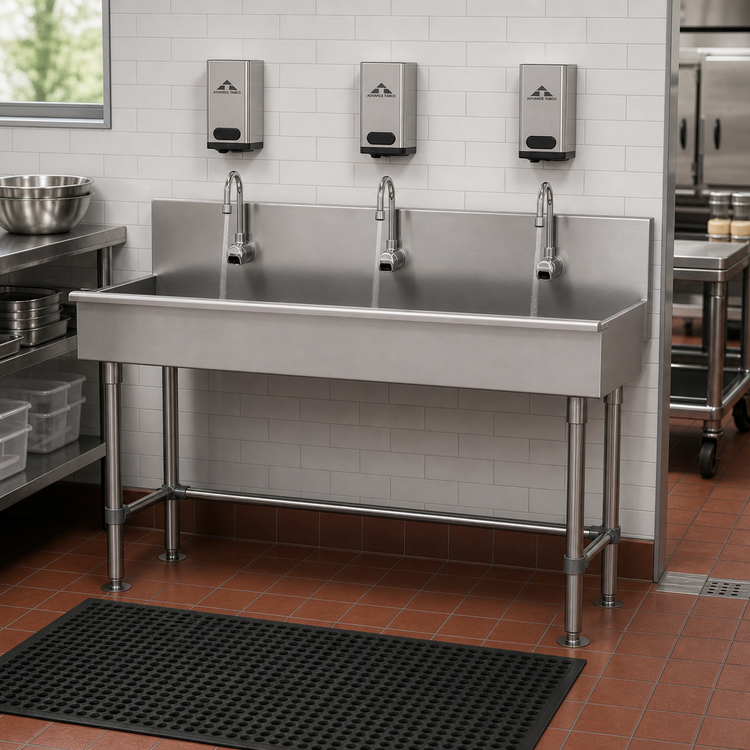 Product image #2 for Advance Tabco 60-Inch 3-Station ADA Compliant Freestanding Multiwash Hand Sink with Electronic Faucets