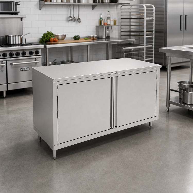 Product image #2 for John Boos 36 Inch x 24 Inch Enclosed Stainless Steel Flat-Top Work Table with Cabinet Base and Hinged Doors