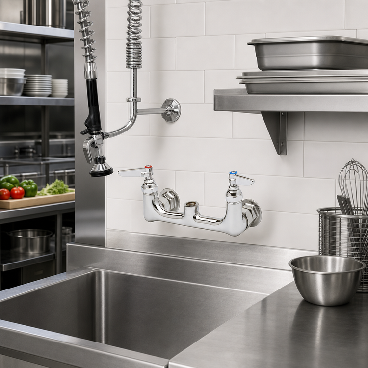 Product image #2 for T&S Brass 8-Inch Wall-Mount Pre-Rinse Mixing Faucet, Less Nozzle, Chrome-Plated Brass