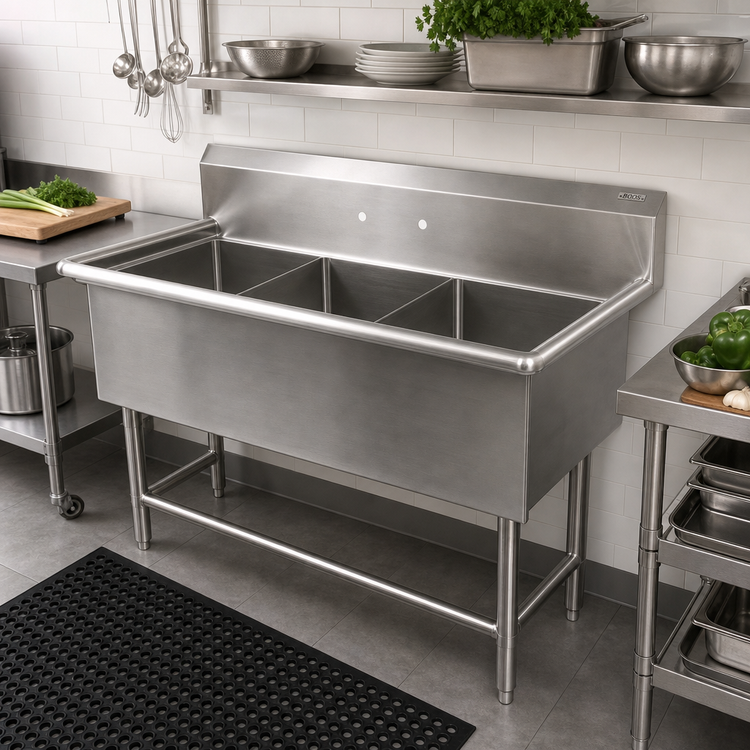 Product image #2 for John Boos Pro-Bowl 3-Compartment Stainless Steel Sink, 59-1/8 Inch W x 23-1/2 Inch D, 10 Inch Backsplash