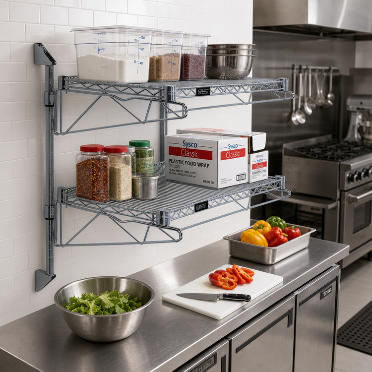 Product image #2 for Quantum Wall-Mounted Cantilever Double Shelf Wire Shelving Unit, 24 x 12 Inches, Gray Epoxy Antimicrobial Finish