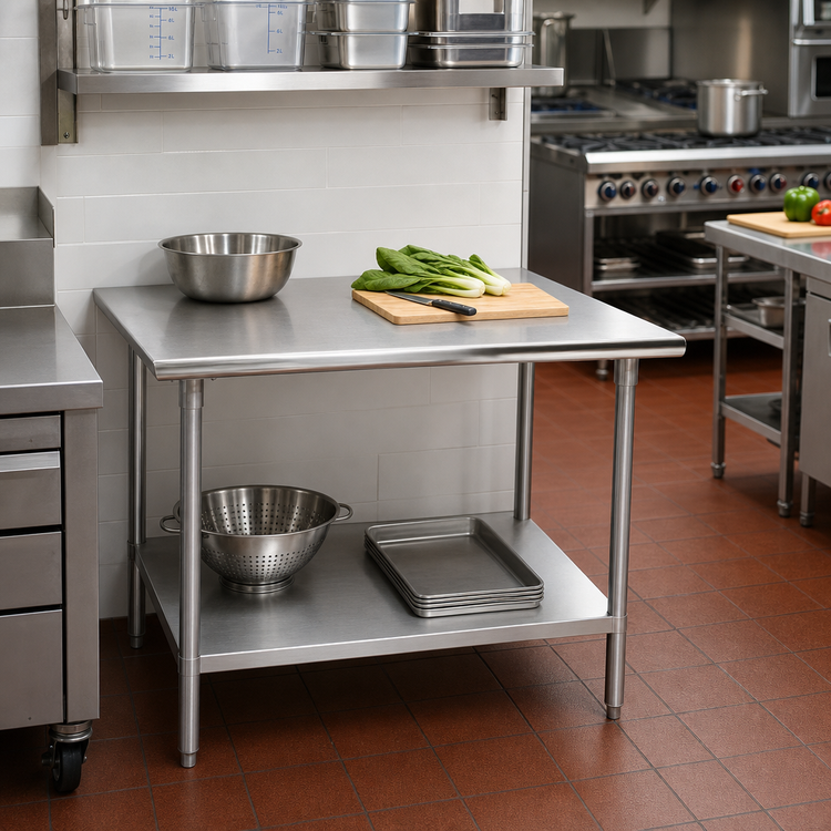 Product image #2 for Advance Tabco 30 Inch x 30 Inch 16 Gauge 304 Stainless Steel Corner Work Table with Galvanized Undershelf