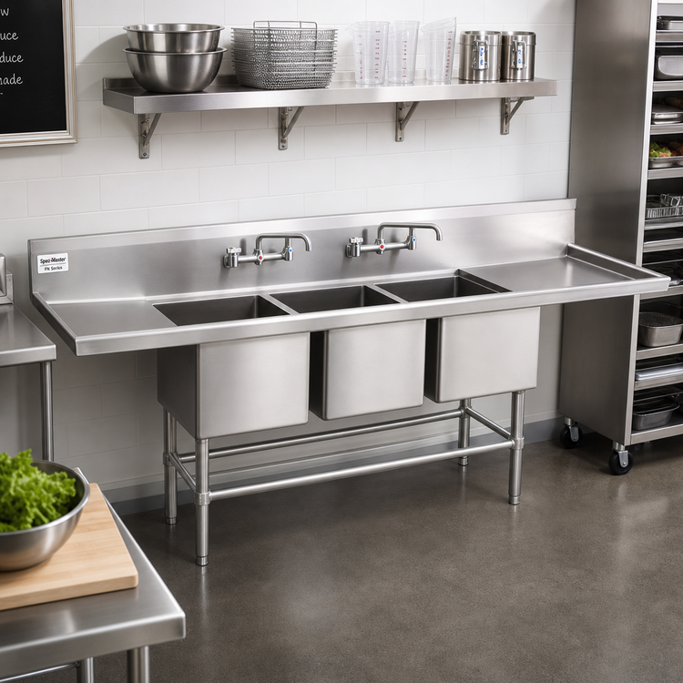 Product image #2 for Spec-Master FN Series Three-Compartment Stainless Steel Sink with Right-Hand 24-Inch Drainboard