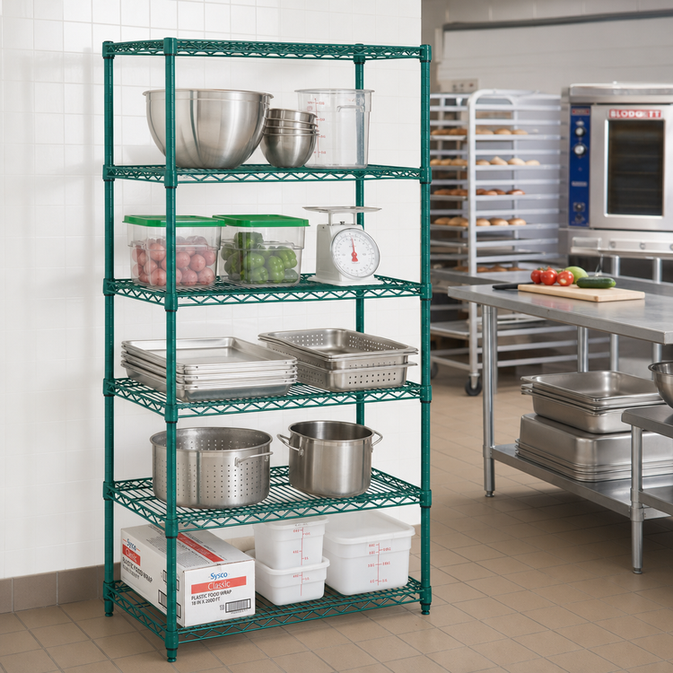 Product image #2 for Quantum 30"W x 21"D x 86"H Wire Shelving Starter Kit, 5 Shelves, Green Epoxy Antimicrobial, 600-800 lb Capacity