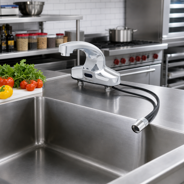 Product image #2 for ChekPoint Electronic Touchless Deck-Mount Faucet with Thermostatic Mixing Valve, 4" Centers, 2.2 GPM