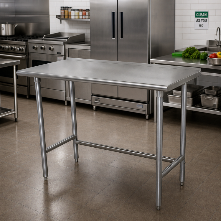 Product image #2 for Advance Tabco Premium Series Open Base Work Table, 108 x 30 Inches, 14-Gauge 304 Stainless Steel Top, 1-1/2 Inch Rear Splash, Galvanized Legs