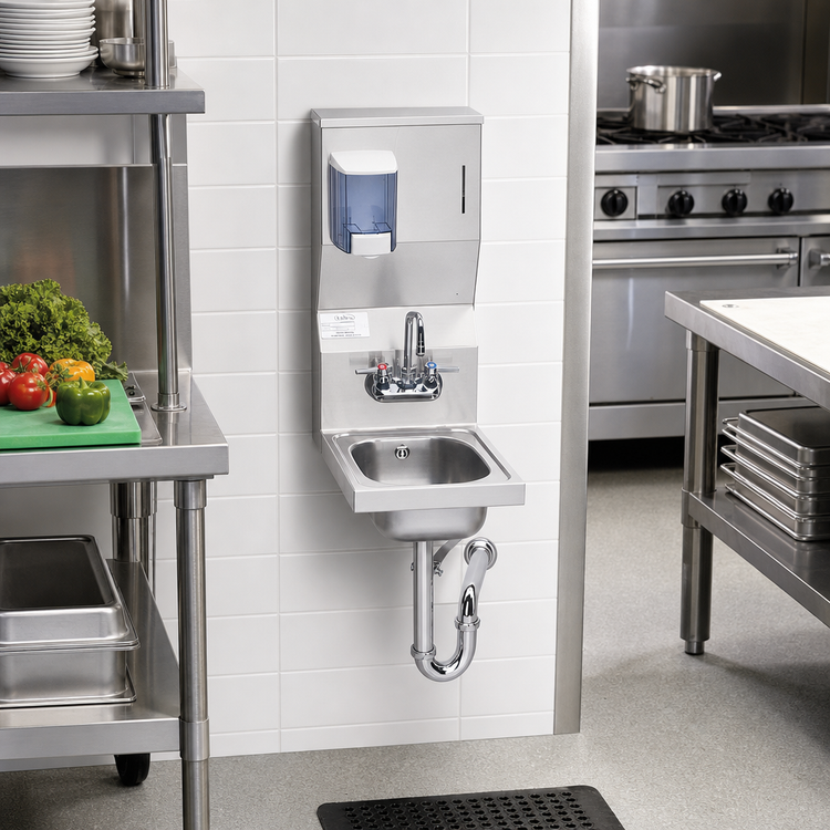 Product image #2 for Krowne HS-31 12-Inch Wide Wall-Mounted Stainless Steel Hand Sink with Soap & Towel Dispenser and Faucet