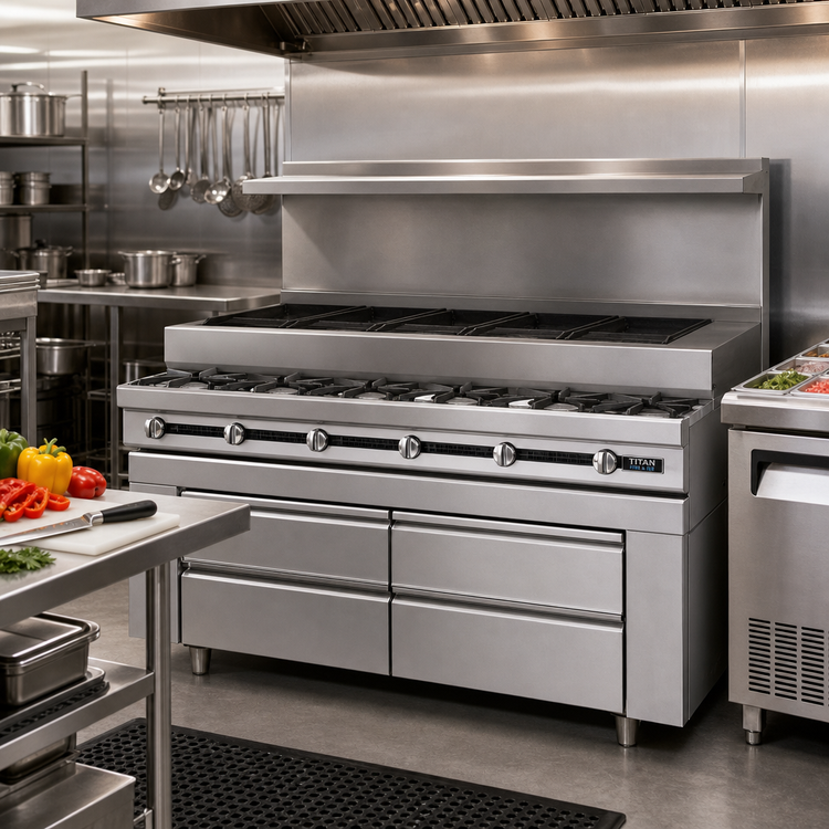 Product image #2 for Titan Fire & Ice JMSS-05-T-60 Heavy Duty 60" Gas Sauté Station with 5 Open Burners and Refrigerated Rail