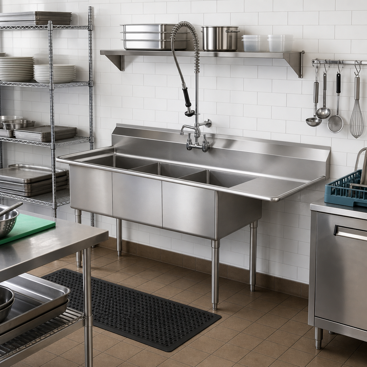 Product image #2 for 3-Compartment Stainless Steel Sink with Right Drainboard and Backsplash