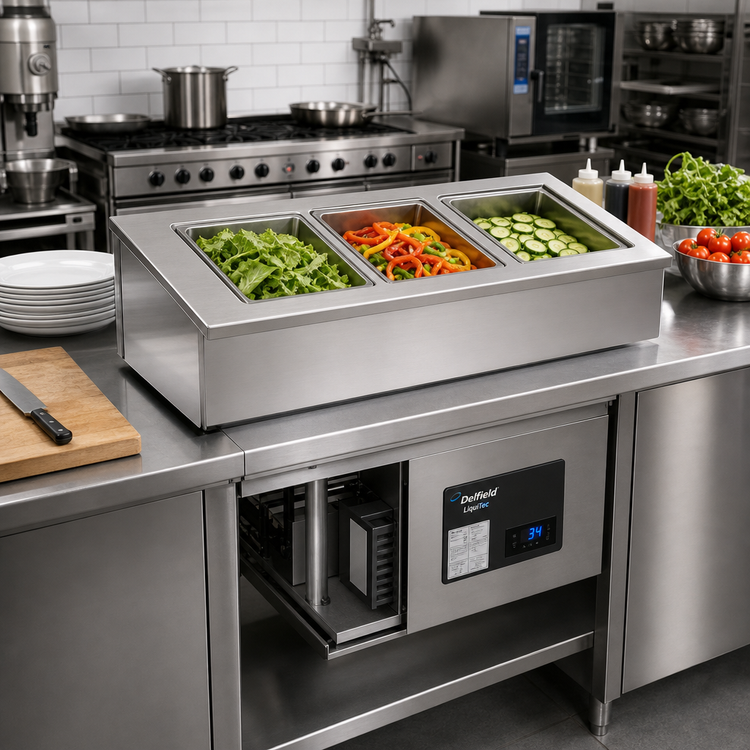Product image #2 for Delfield LiquiTec Narrow Line 3-Pan Full-Size Self-Contained Drop-In Refrigerated Cold Food Well