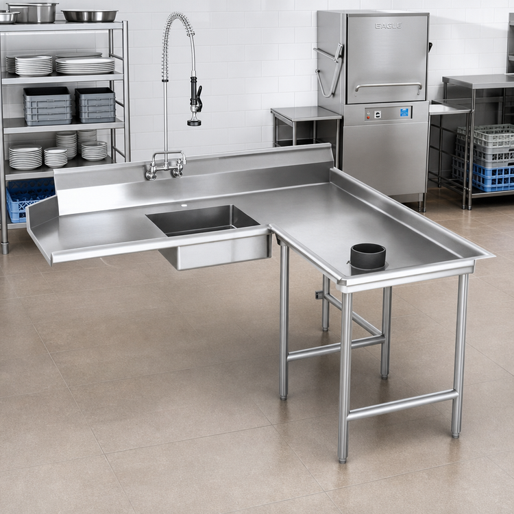 Product image #2 for Eagle Group Right-Hand Island Soiled Dishtable with Pre-Rinse Sink, 96-Inch x 60-Inch, 30-Inch Working Depth, 16/430 Stainless Steel
