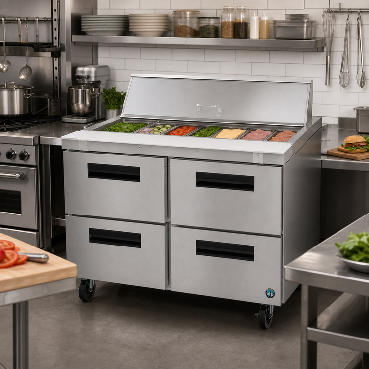 Product image #2 for Hoshizaki Steelheart 48-Inch Two-Section Sandwich Top Prep Refrigerator with 4 Drawers and 12-Pan Capacity