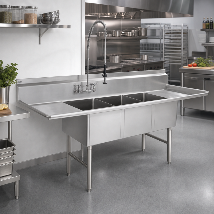 Product image #2 for John Boos B Series 3-Compartment Stainless Steel Sink with Dual Drainboards, 10" Backsplash