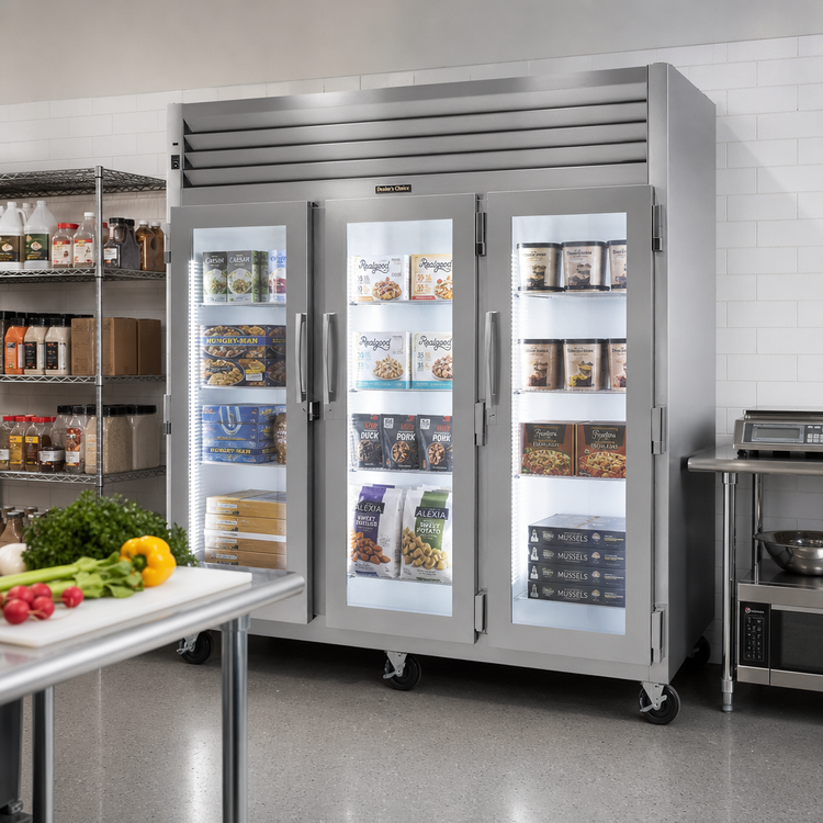 Product image #2 for Dealer's Choice G Series 3-Section LED Glass Door Merchandiser Reach-In Freezer, Left/Left/Right Hinged, Self-Contained Top-Mounted, 70.67 Cu. Ft.