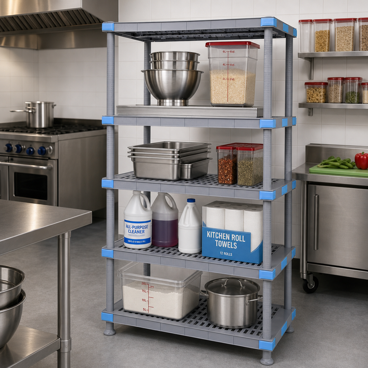 Product image #2 for Quantum Millenia 42"W x 18"D x 62"H Polymer Louvered Shelving Starter Unit with 4 Open Grid Shelves, Gray