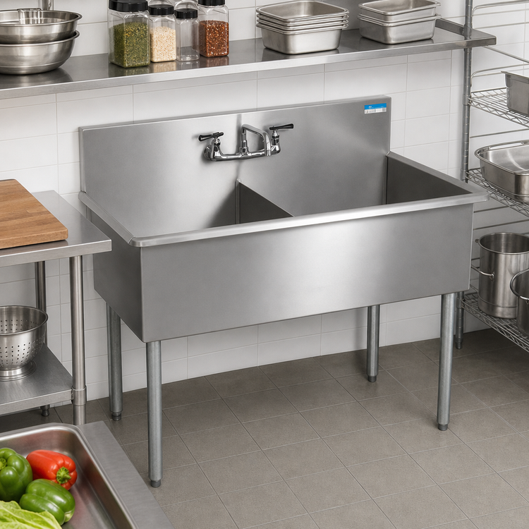 Product image #2 for BK Resources 39-Inch Two-Compartment Budget Sink with 8-Inch Backsplash, 18-Gauge 430 Stainless Steel, Galvanized Legs