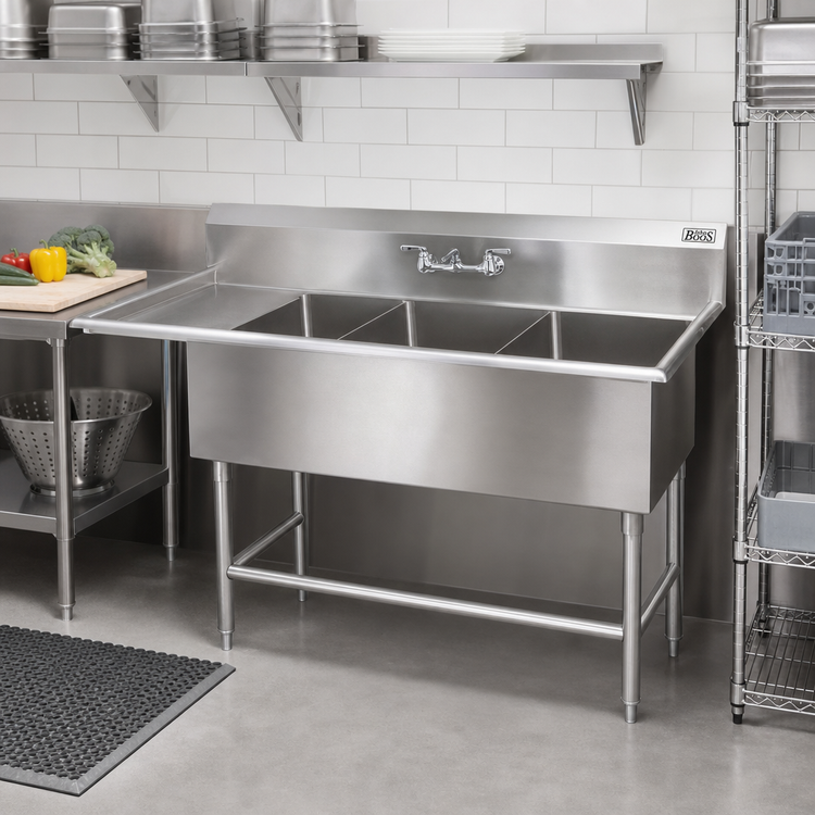 Product image #2 for John Boos Pro-Bowl 3-Compartment Sink with Left Drainboard, 24 x 24 x 14-Inch Bowls, 16-Gauge Stainless Steel