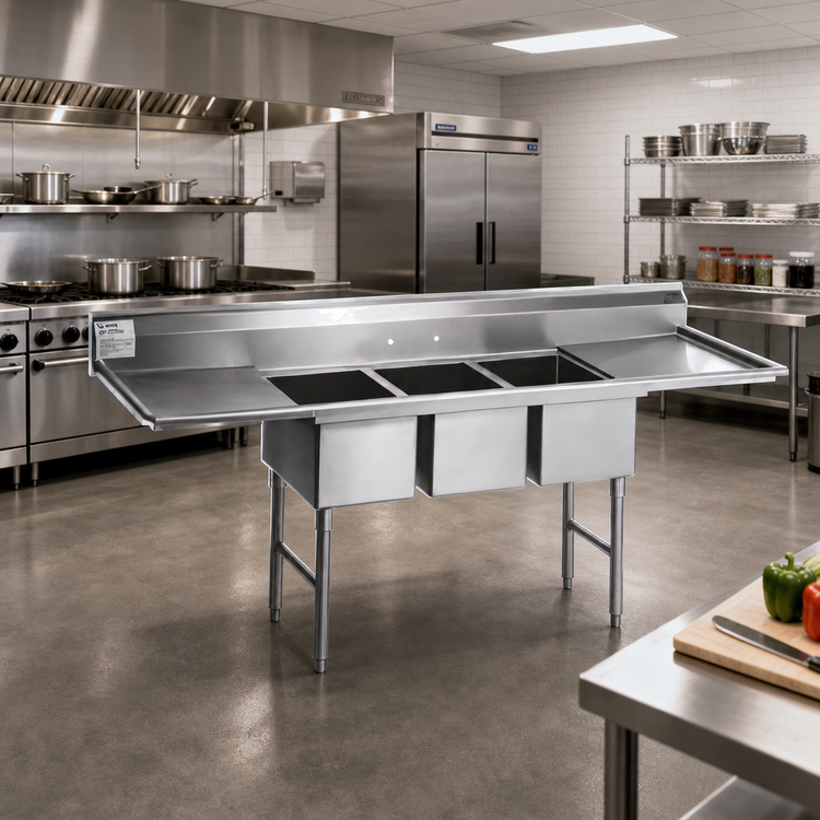 Product image #2 for Spec-Master SFN3242-3-18-14/3 Three Compartment Supermarket Meat Platter Sink with Left & Right Drainboards