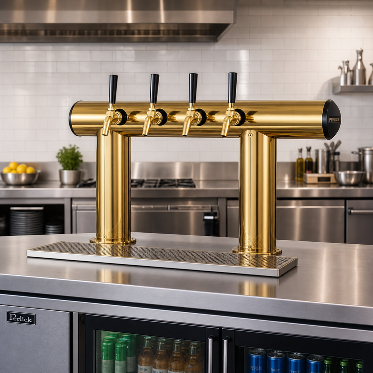 Product image #2 for Perlick Winged Tee Countertop Glycol-Cooled 4-Faucet Draft Tower, Tarnish-Free Brass
