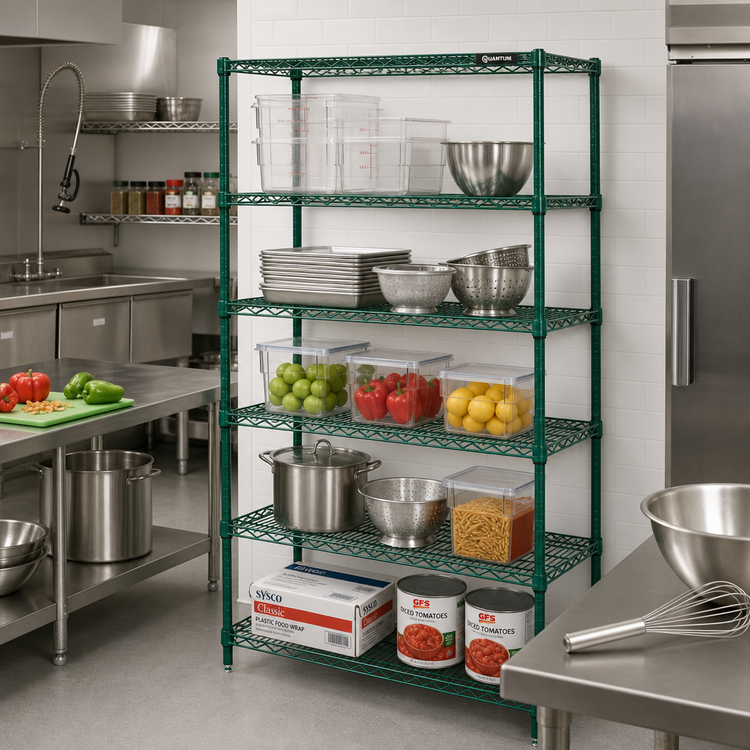 Product image #2 for Quantum 72"W x 36"D x 54"H Stationary Wire Shelving Starter Kit with 5 Shelves, Green Epoxy Antimicrobial Finish