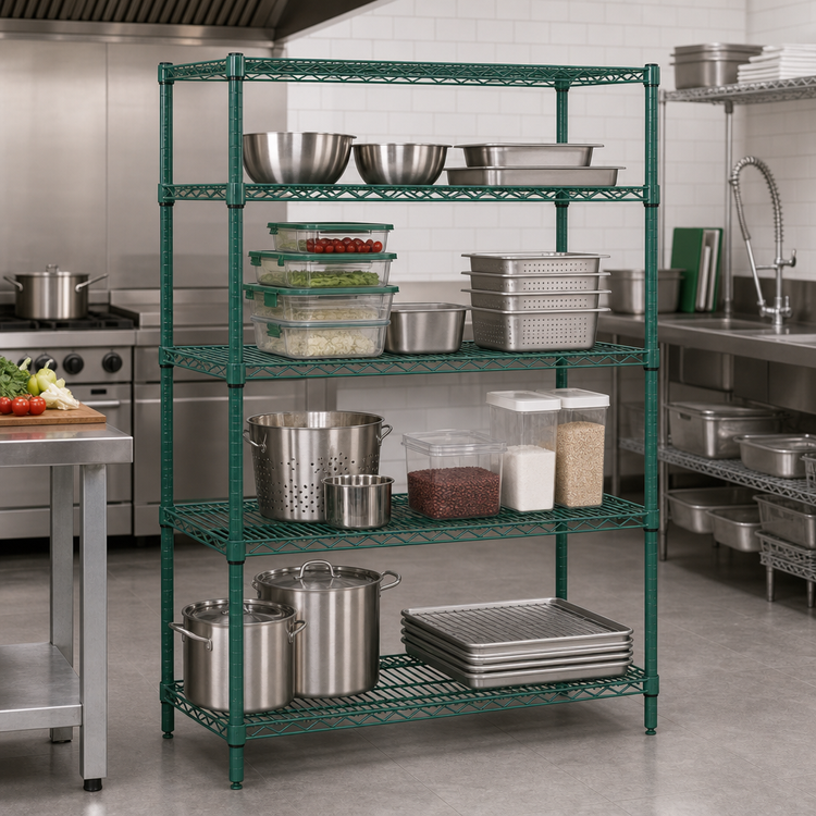 Product image #2 for Quantum 48" x 14" x 54" Wire Shelving Starter Kit with 4 Shelves, Green Epoxy Antimicrobial Finish