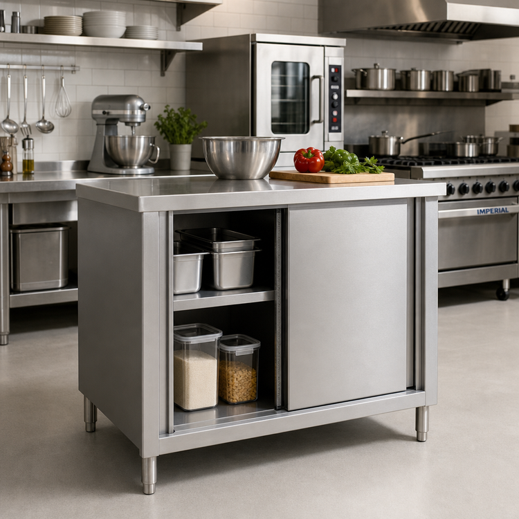 Product image #2 for 48-Inch Stainless Steel Enclosed Work Table with Sliding Doors and Middle Shelf