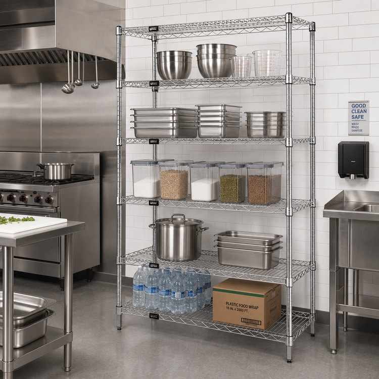 Product image #2 for Quantum Stationary Wire Shelving Starter Kit, 42 Inch W x 24 Inch D x 74 Inch H, 5 Shelves, 304 Stainless Steel
