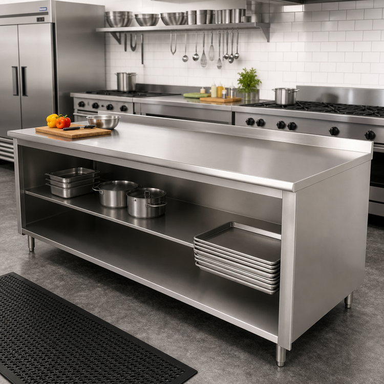 Product image #2 for Advance Tabco 144-Inch W x 24-Inch D Stainless Steel Work Table with Open Front Cabinet Base, Fixed Mid-Shelf, and 1-1/2-Inch Rear Up-Turn