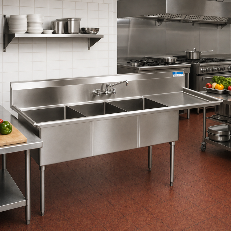 Product image #2 for BK Resources Three-Compartment Stainless Steel Sink with Right-Hand Drainboard, 24 x 24 x 14 Bowls