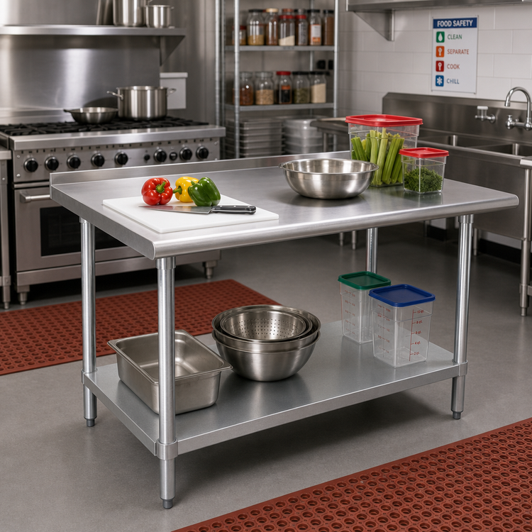 Product image #2 for Advance Tabco 48-Inch x 24-Inch 16-Gauge 430 Stainless Steel Work Table with 1-1/2-Inch Rear Up-Turn and Galvanized Undershelf
