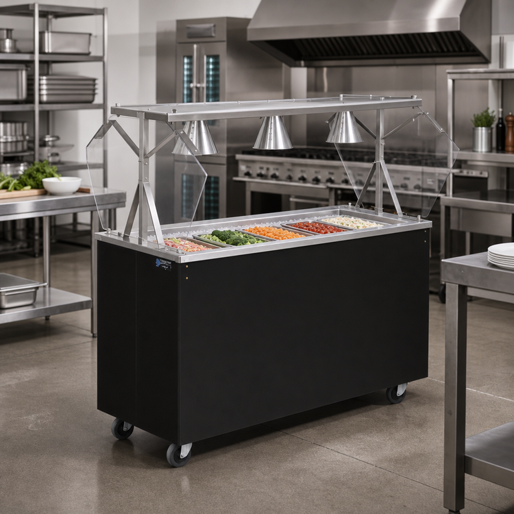 Product image #2 for Vollrath 2-Series Affordable Portable™ 60-Inch 4-Pan Mobile Non-Refrigerated Cold Food Station with Buffet Breath Guard and Black Solid Base