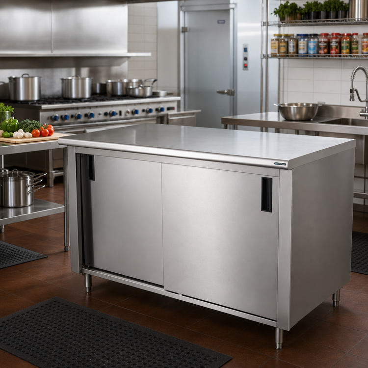Product image #2 for Advance Tabco Special Value Series Enclosed Work Table with Cabinet Base, Mid-Shelf and Sliding Doors, 108 x 30 Inches, 16-Gauge 304 Stainless Steel Top