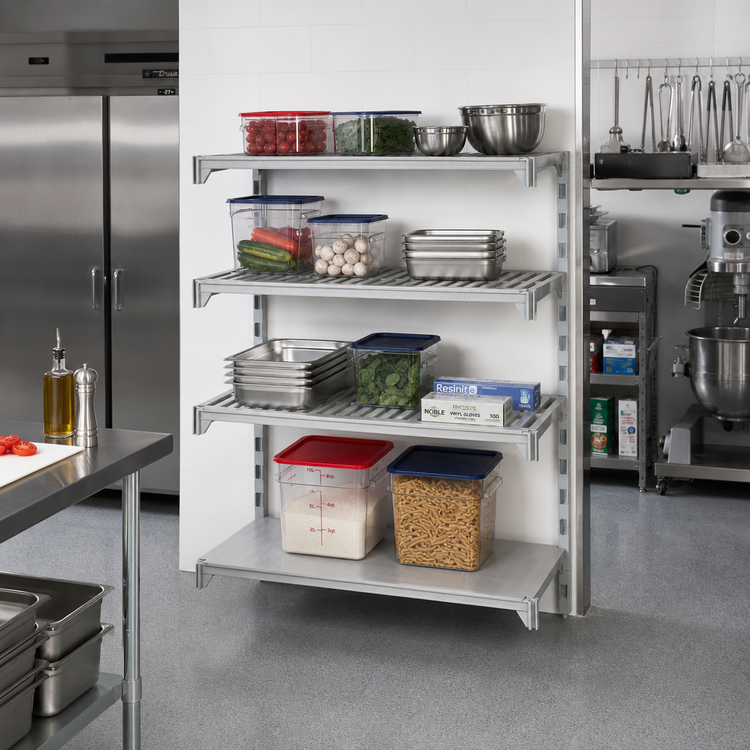 Product image #3 for Cambro Camshelving Premium 4-Tier Add-On Polymer Shelving Unit, 18 x 48 x 64 Inches, 3 Vented + 1 Solid Shelf Plates, Speckled Gray