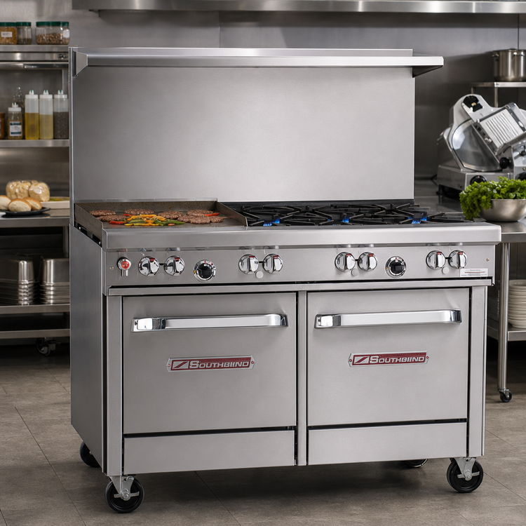 Product image #2 for Southbend Ultimate 48-Inch Commercial Gas Restaurant Range with 4 Open Burners, 24-Inch Griddle, Standard Oven, and Cabinet Base