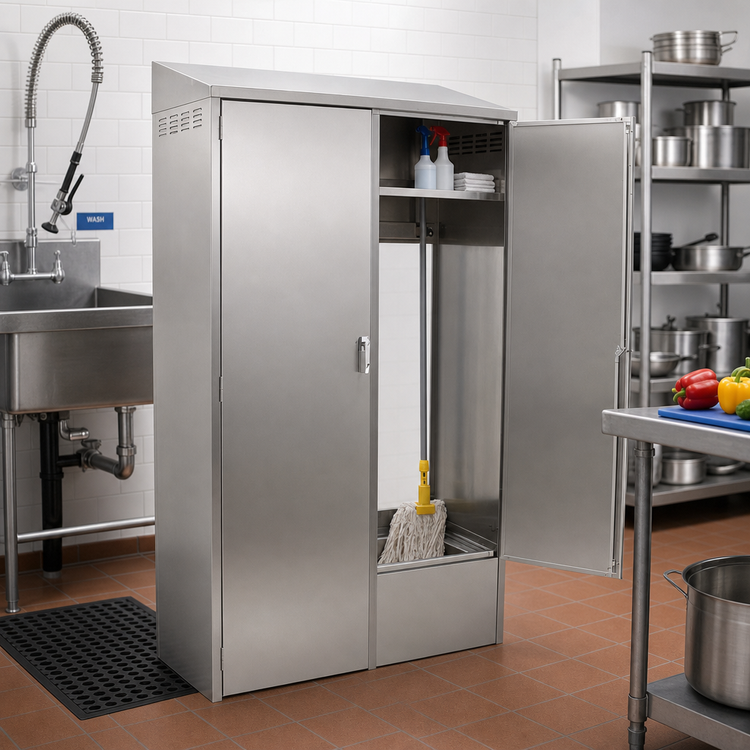 Product image #2 for Eagle Group Double-Width Slanted-Top Mop Sink Cabinet with 8" Deep Left Sink, Shelves, and Spray Hose