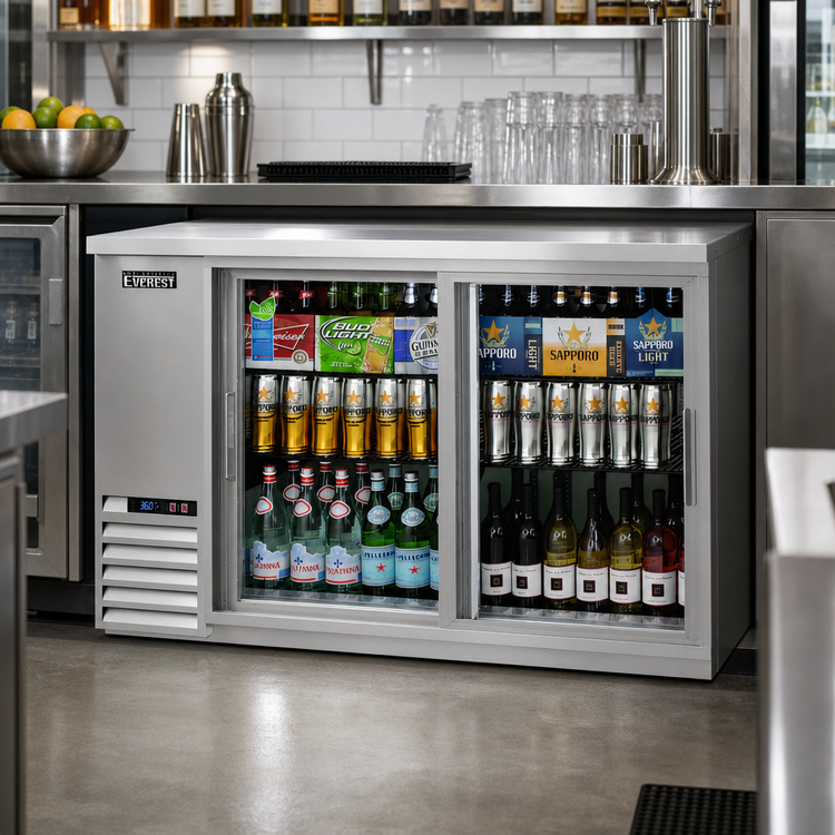 Product image #2 for Everest Refrigeration 57-3/4" Wide 24" Deep Two-Section Sliding Glass Door Back Bar Cooler, 17 Cu. Ft., Stainless Steel