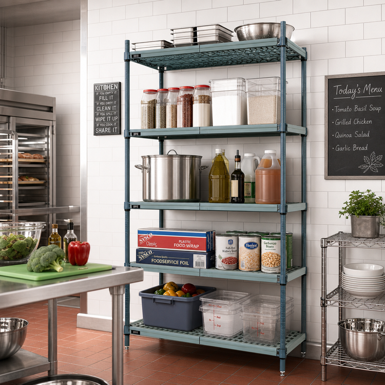 Product image #2 for Quantum 5-Tier Stationary Wire Shelving Unit with Plastic Mats, 36W x 14D x 86H, Green Epoxy