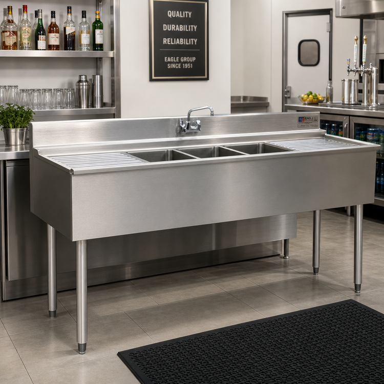 Product image #2 for Eagle Group 2200 Series 5-Foot Three-Compartment Underbar Sink Unit with Dual Drainboards, 304 Stainless Steel